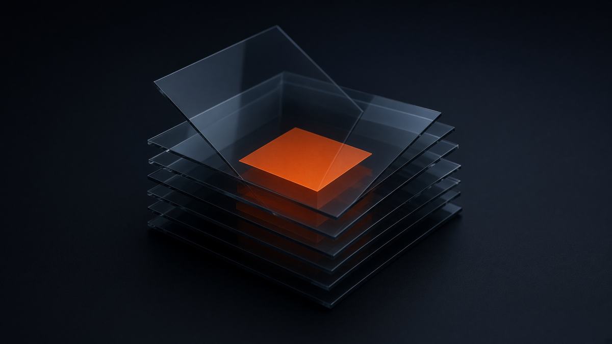 Layers of dark glass lifting away from a smaller solid core