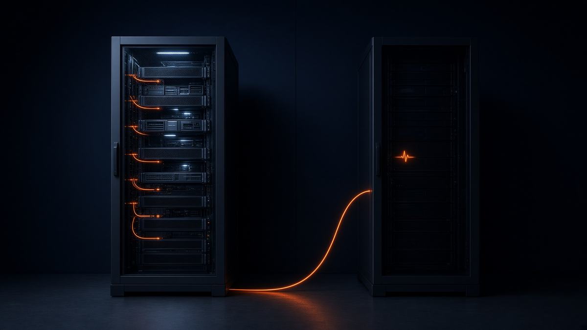 Two server racks joined by a single live link, one lit and one on standby